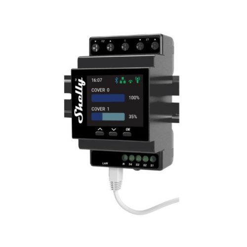 Shelly Pro 4PM Dual Cover – 2 motoros redőny vezérlésére szolgáló WiFi + Ethernet + Bluetooth okosrelé, kapcsolóbemenettel, DIN-sínre szerelhető